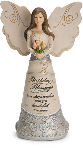 Birthday Blessings - 6" Angel Holding Tulips